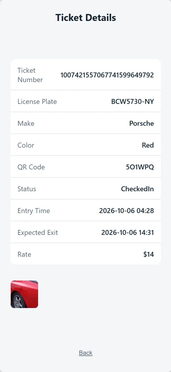 The OpenLot Ticket Details screen for a checked-in car: ticket number, license plate, make, color, QR code, status, entry time, expected exit, rate, and a vehicle photo.