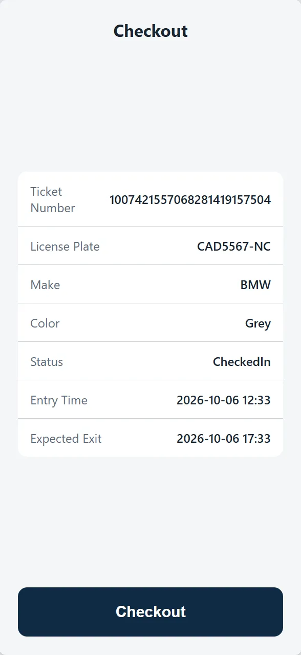The OpenLot Checkout screen for a BMW with plate CAD5567-NC, showing a confirmation that reads "Checkout completed successfully."