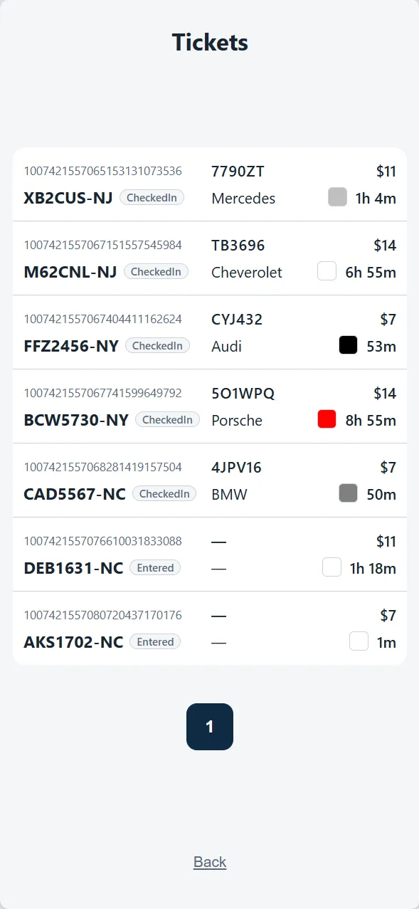 The OpenLot attendant app's Tickets screen: seven open tickets, five checked in and two just entered, each with ticket number, plate, status, running charge, and time parked.
